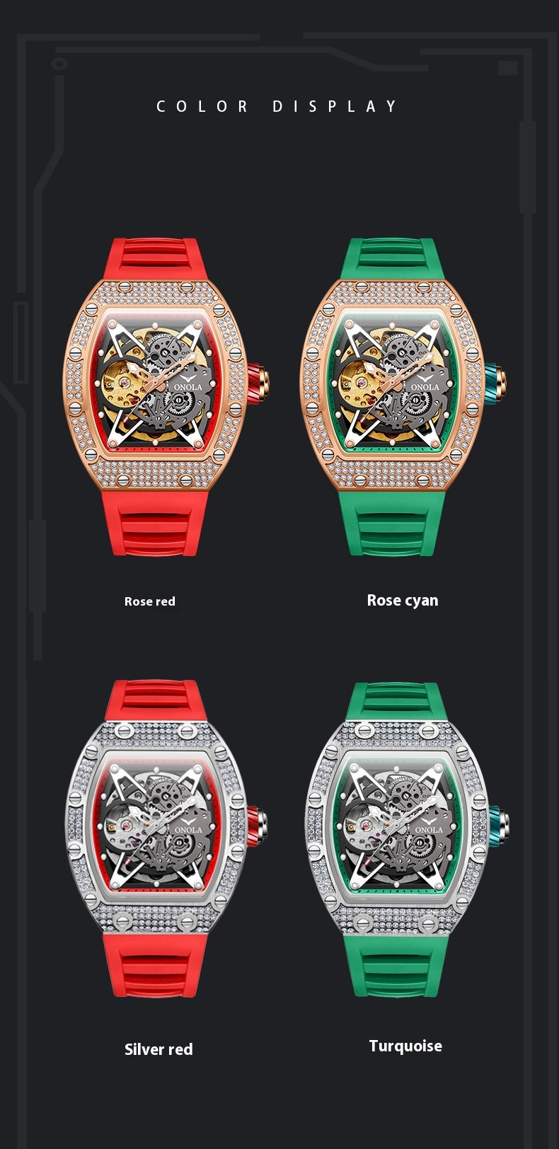 Fashion Diamond New Aurona/ONOLA Live Full Automatic Mechanical Watch Men's Silicone Tape Waterproof_voghion.com