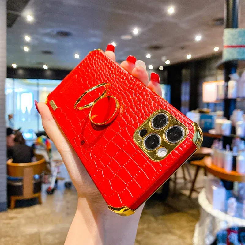 Plating Crocodile Texture Phone Case For IPhone 15 Plus 11 12 13 14 Pro XR X XS Max 8 7Plus 4G 5G Magnetic Finger Ring_voghion.com
