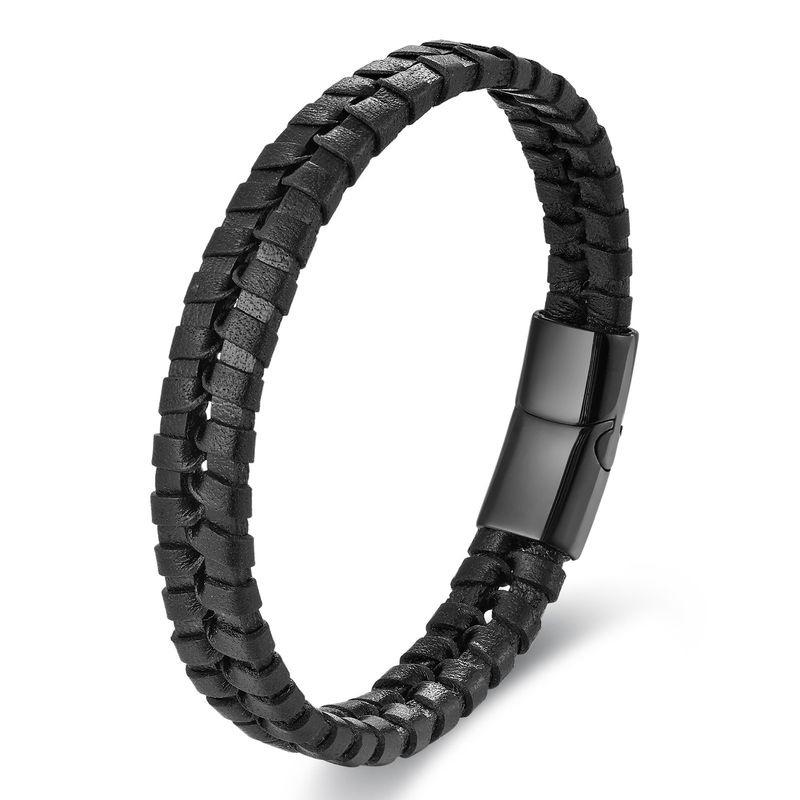 Bracciale da uomo in pelle nera con corda in pelle di vacchetta, bracciale da uomo in acciaio inossidabile intrecciato a mano in vera pelle multistrato_voghion.com