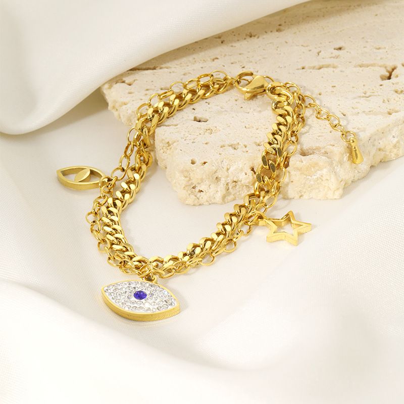 Diamond-encrusted Zircon Devil's Eye Double-layer Necklace Female Personality Versatile Stainless Steel Gold-plated Bracelet_voghion.com