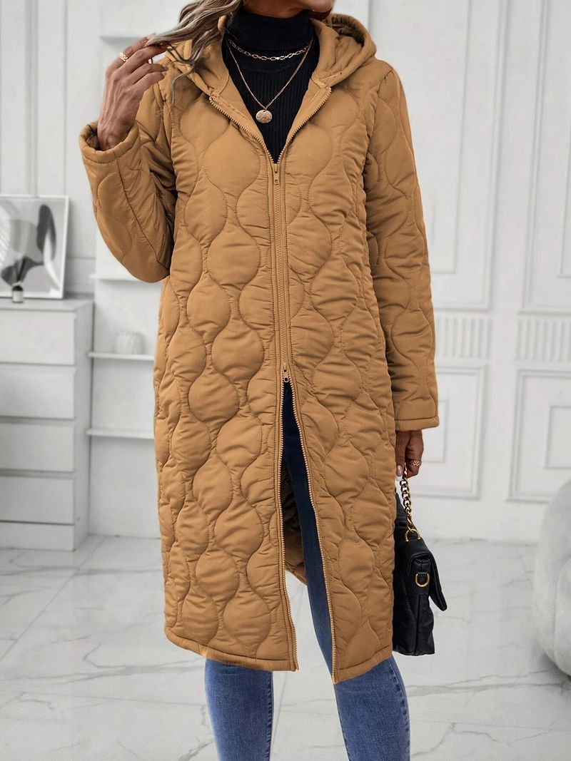 Giacca casual lunga da donna con cappuccio, imbottitura in cotone e poliestere, vestibilità ampia, cerniera frontale, tasche multiple - Nero, Cachi, Verde militare (S-XXL)_voghion.com