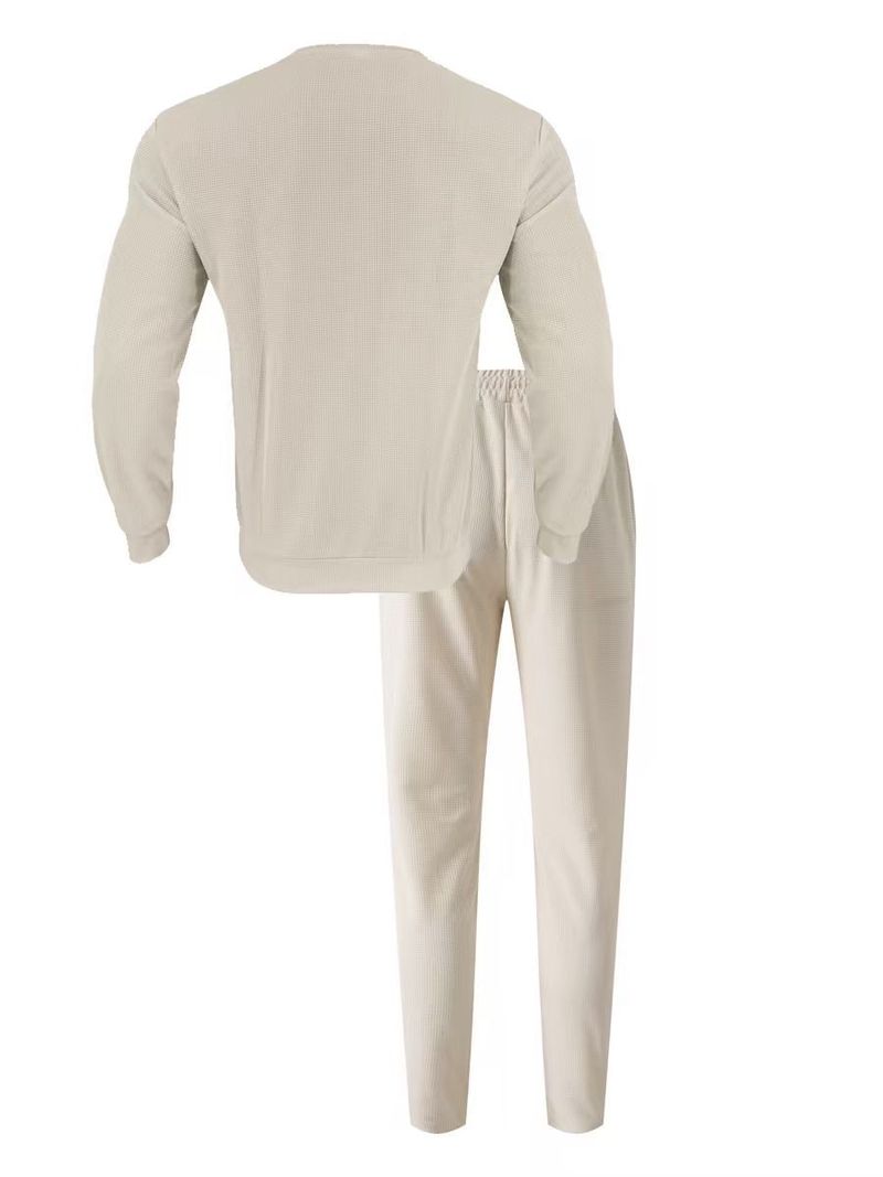 Men's Clothing Streetwear Waffle Knit Tracksuit Set - High Fashion Casual Jogger & Long Sleeve Top | Trendy Two-Piece Outfit In White/Grey/Black/Khaki_voghion.com