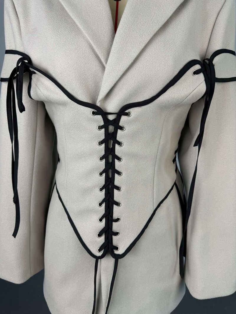 Completo da donna in due pezzi, stile K, con colletto e maniche lunghe, in lana, con gilet e fasciatura_voghion.com