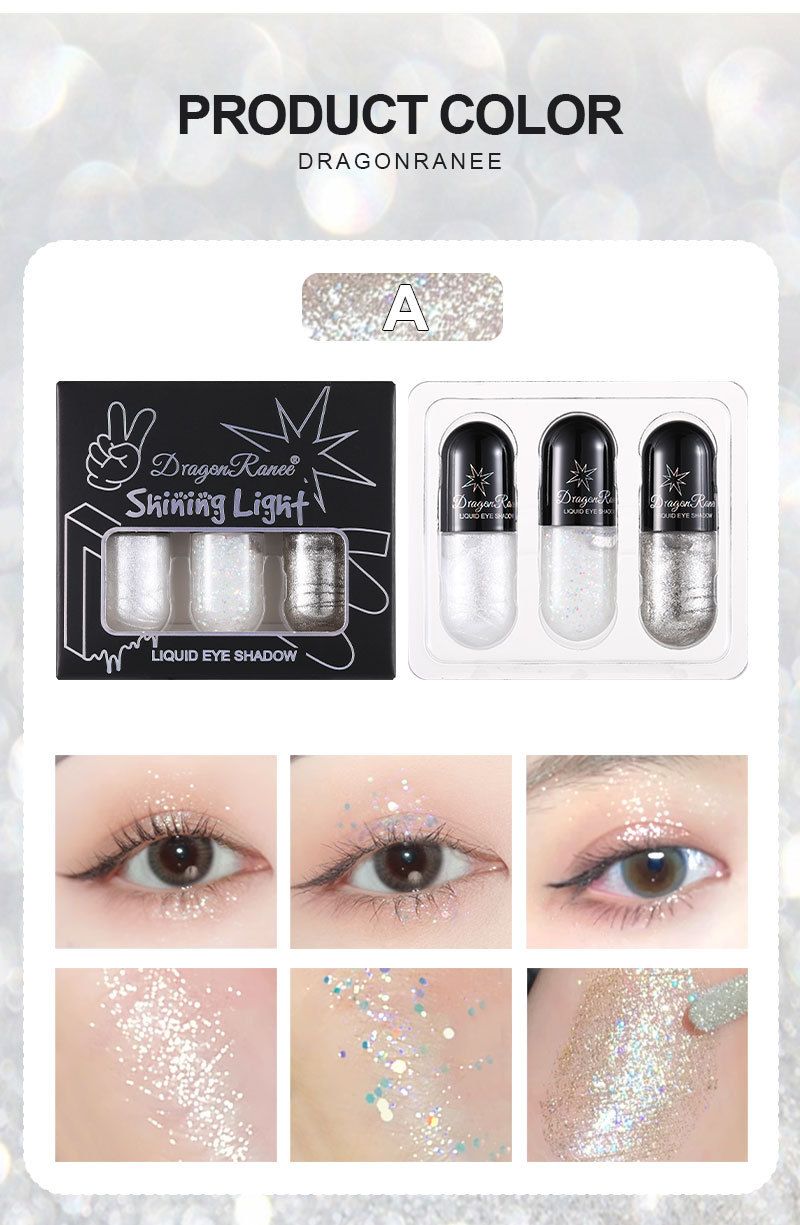 Set di 3 ombretti liquidi: luccichio perlato, glitter fine, trio trucco occhi scintillante_voghion.com