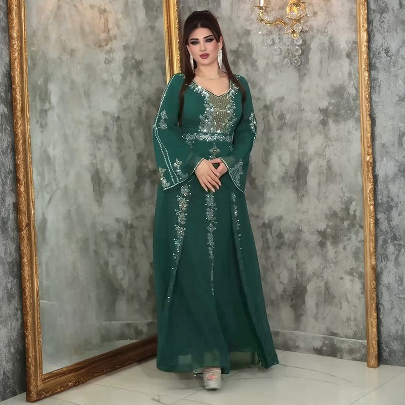 Elegantes Langarm-Maxikleid mit Strassverzierung, schlichtes muslimisches Abendkleid für Damen, A-Linien-Abendkleid in Übergröße (Grün/Violett/Schwarz)_voghion.com