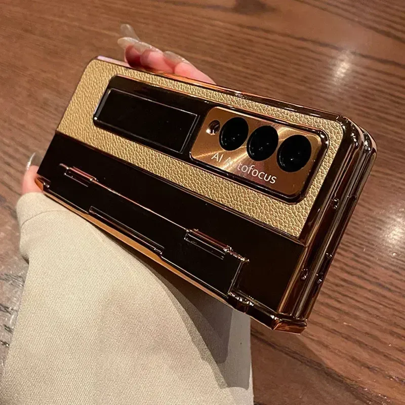 Plating Gloss Leathe Phone Case Fo Samsung Galaxy Z Fold 7 6 5 4 3 Hinge Desktop Kickstand Anti-Dop Potect Back_voghion.com