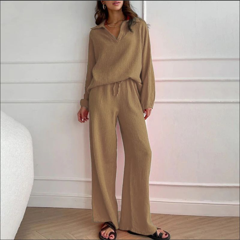 Completo da donna in cotone e lino, cardigan, maglia a maniche lunghe, pantaloni a gamba larga e tasche, completo due pezzi_voghion.com