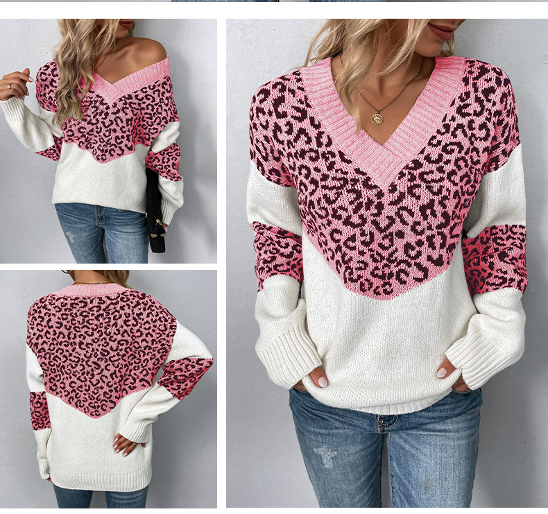 V-Ausschnëtt Leopardnähten Pullover mat Kontrastfaarf_voghion.com