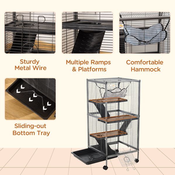 PawHut Large Metal Small Animal Cage With Hammock 4 Tiers & Removable Tray Gray Extra Space For Ferrets Chinchillas_voghion.com