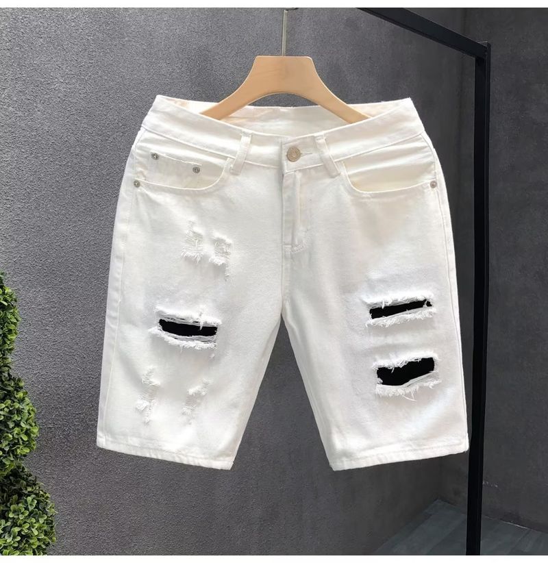 Herenkleding Zomer Dunne Versleten Gescheurde Denim Shorts Herenmode Merk Losse Rechte Vijf-punts Retro Middellange Broek_voghion.com