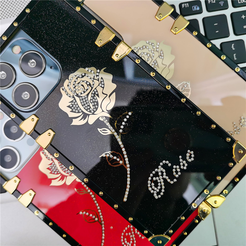 Luxe Glitter Gold Rose Flower Cover Square Diamond Case voor Samsung Galaxy A54 A52 A12 A13 A34 A14 A72 a20S A53 A33 A23 A71_voghion.com