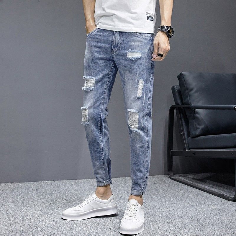 Ripped Jeans Men Summer Nine Points Slim Straight Loose Casual New Thin Style Beggar Pants_voghion.com