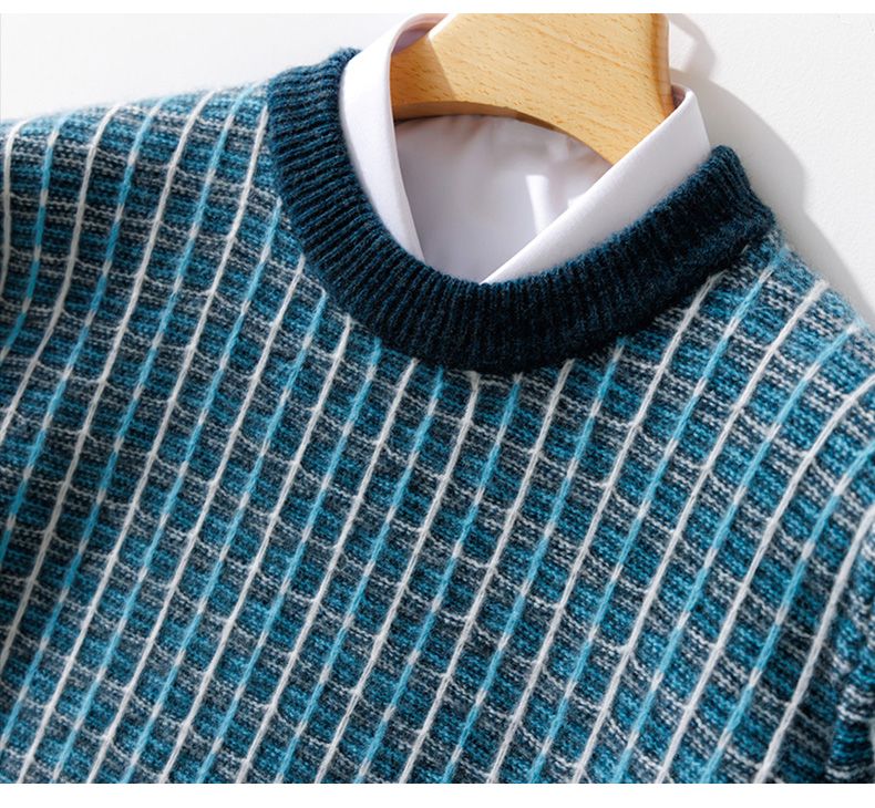 Novo suéter masculino de lã pura para outono e inverno com gola redonda e cor contrastante grossa, malha de cashmere casual para negócios_voghion.com