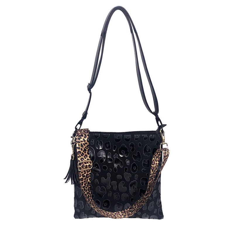 Sac à bandoulière léopard noir, sac à bandoulière en toile verticale avec fermeture éclair et tournesol pour femmes, sac d'étudiant_voghion.com