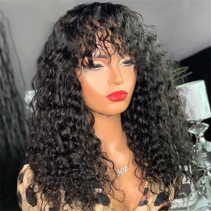 Peluca de cabello humano con ondas de agua y flequillo, pelucas de cabello humano con flequillo completamente hechas a máquina y rizadas con agua para mujeres, pelucas brasileñas_voghion.com