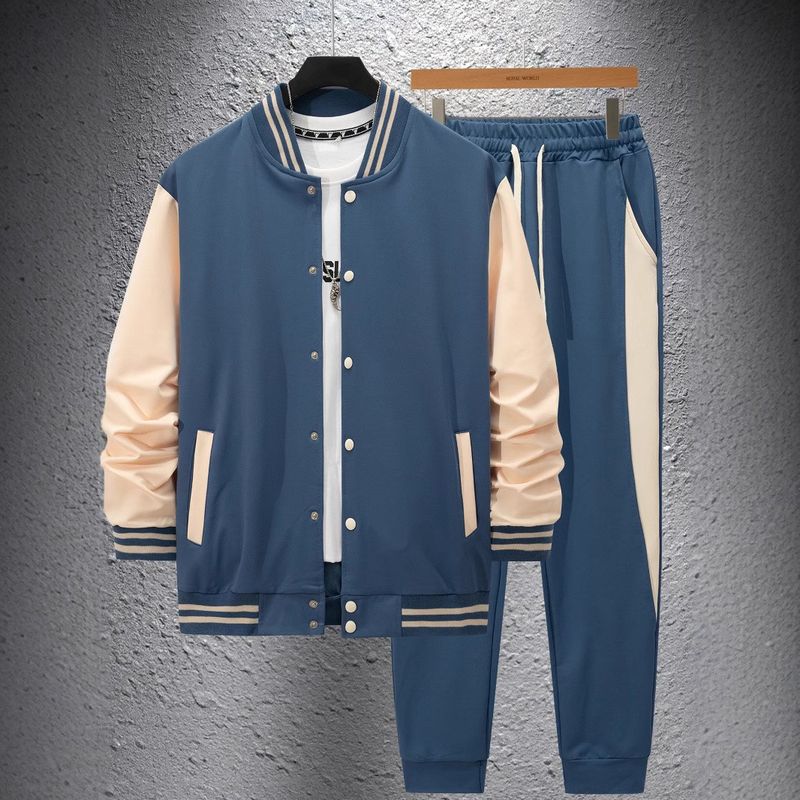 2025 Men's Autumn Winter New Baseball Jacket Casual Versatile Cardigan Coat Color Block Sports Pants Set_voghion.com