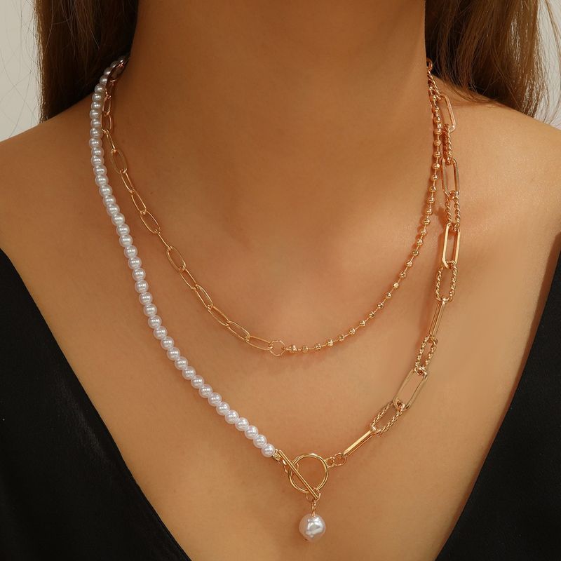 Schmuck Mode Lange Runde Perlenkette Layered Persönlichkeit Perle OT Schnalle Halskette_voghion.com
