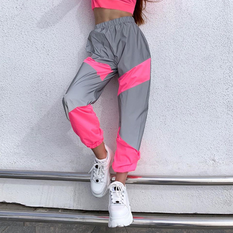 Pantalon de sport décontracté pour femmes, taille moyenne, patchwork réfléchissant, course de nuit, décontracté_voghion.com