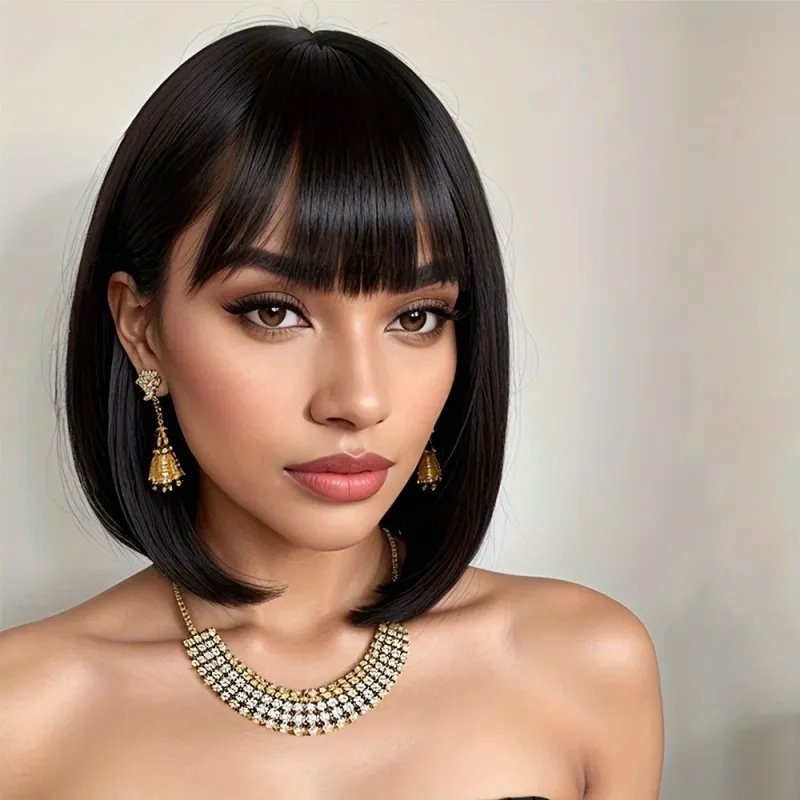 Straight Bob Human Hair Wigs With Bangs Short Bob Wig Full Machine Made Black Wigs for Women Human Hair Wig_voghion.com