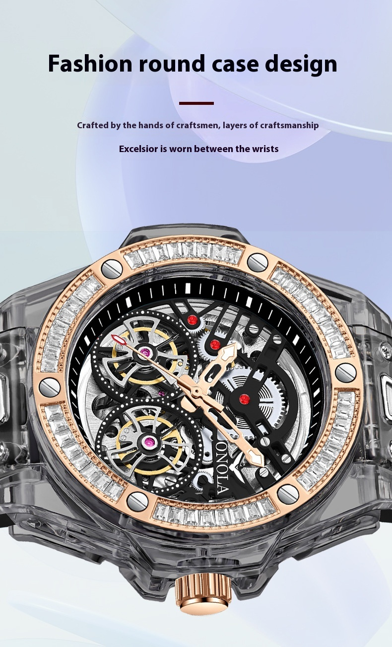 Fashionable Transparent Case New ONOLA/Orona Diamond Set Fully Automatic Mechanical Watch Men's Waterproof Tape_voghion.com