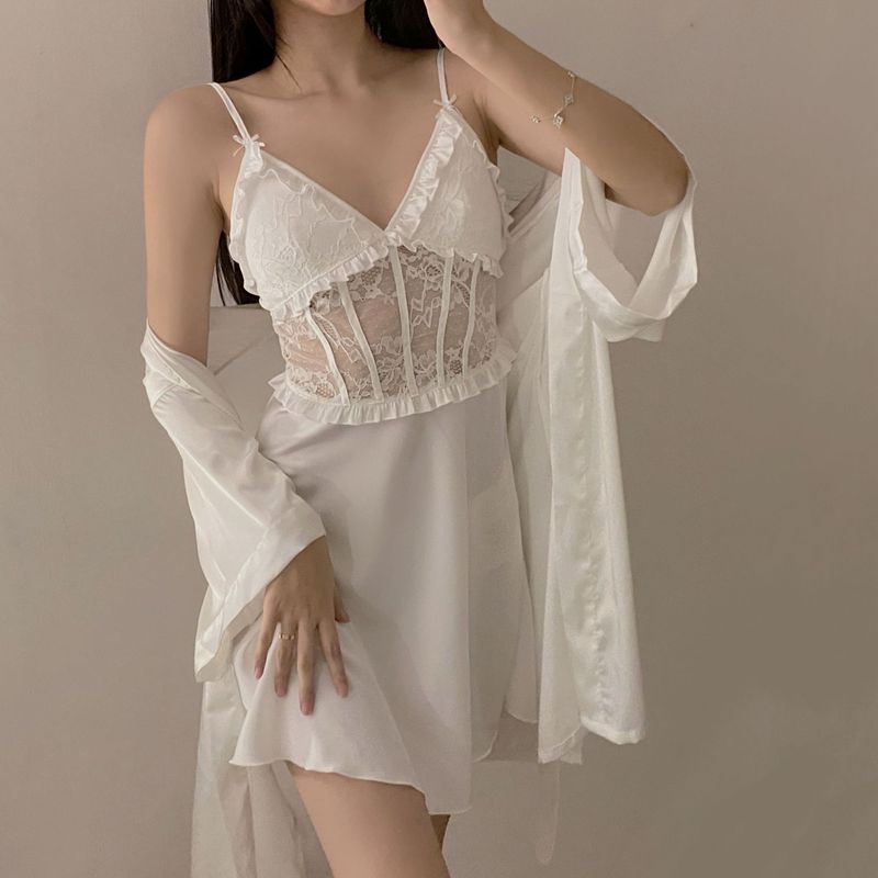 Spring and summer ice silk sleepwear, female sexy camisole nightgown, two-piece set of lace plus size thin home clothes_voghion.com