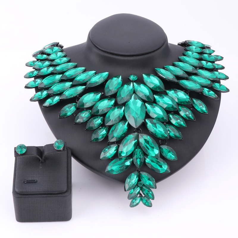 Schwarze Kette Kristall Braut Statement-Schmuck-Set für Bräute Halskette Ohrring Hochzeit Zubehör Schmuck-Sets_voghion.com