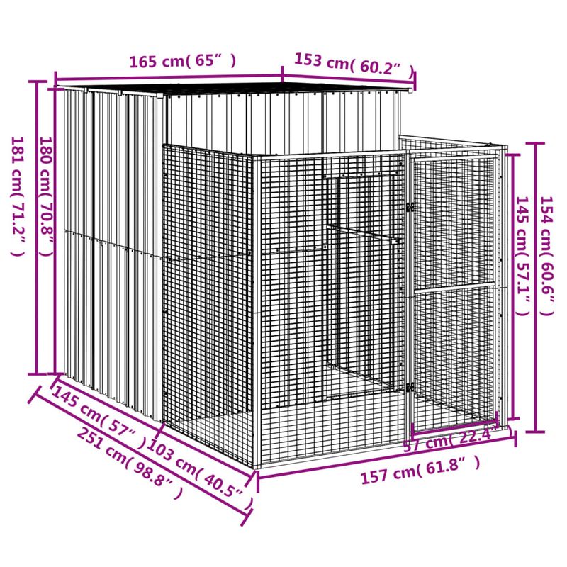 Dog House with Run Light Gray 65"x98.8"x71.3" Galvanized Steel_voghion.com