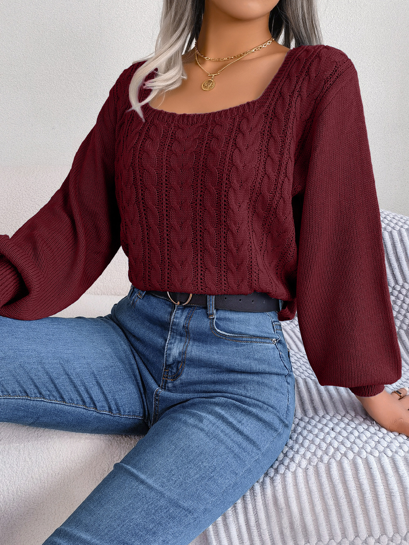 Maglione pullover casual con scollo quadrato e maniche a lanterna in maglia a trecce, moda femminile per autunno e inverno_voghion.com