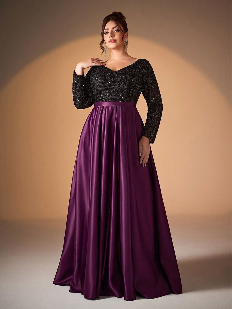 Elegante vestido de noche de satén negro con lentejuelas, escote en V y mangas largas para mujer: perfecto para fiestas, galas y ocasiones especiales._voghion.com