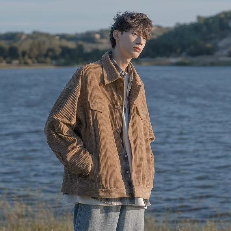 Corduroy jacket jacket, men's spring and autumn loose fitting work clothes, trendy vintage casual lapel top_voghion.com