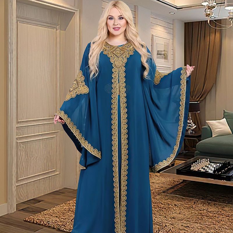 Rochie de damă Jalabiya musulmană din Orientul Mijlociu Malay cu mâneci trompetă brodate Robă brodata din dantelă aurie 8872_voghion.com