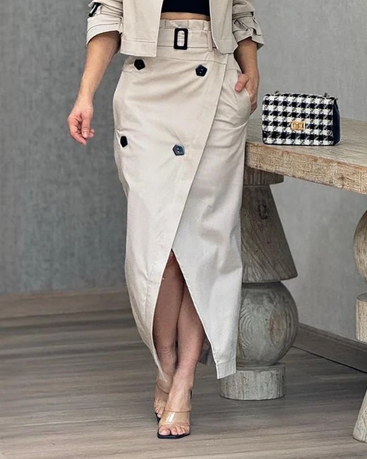 Dameklær Damedrak Lapel Patchwork uten lange ermer toppskjørt Todelt sett med belte_voghion.com
