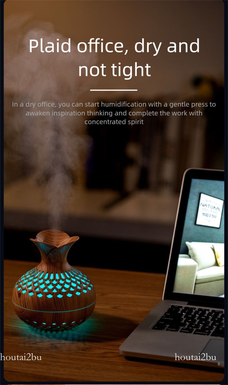 Umidificatore creativo a forma di vaso con venature del legno, semplice design floreale, piccolo e portatile per aromaterapia in casa e in auto._voghion.com