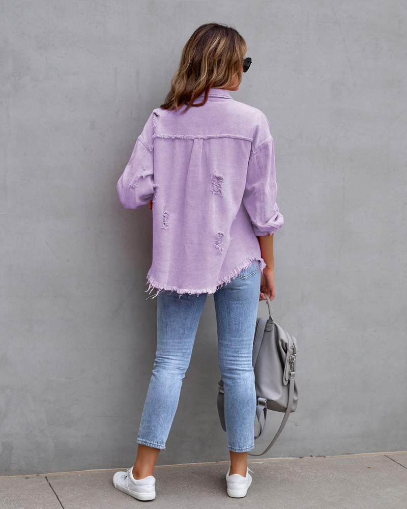 Chaqueta vaquera con bordes rugosos y agujeros para mujer, chaqueta informal con solapa, temperamento de primavera y otoño, novedad de 2023_voghion.com