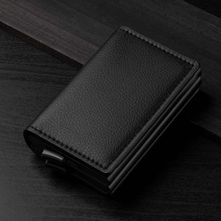 Cartera para tarjetas de crédito con función anti-RFID y ranuras para múltiples tarjetas, con expulsión automática, de cuero genuino y doble caja de aluminio._voghion.com