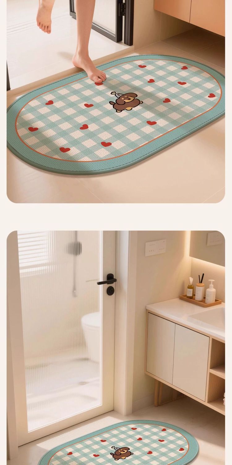 Tappetino antiscivolo per ingresso del bagno, in lino intrecciato, assorbente e ad asciugatura rapida, con motivo a cartoni animati_voghion.com