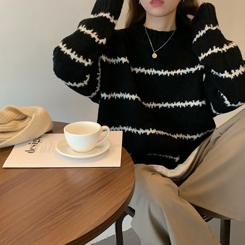 Japanese Retro Striped Knit Sweater Women's Loose Fit Long Sleeve Turtleneck Pullover - Soft Comfortable Chunky Knit Casual Top_voghion.com