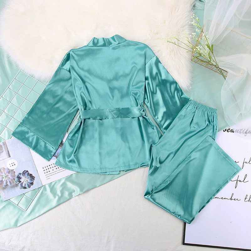 Cardigã de cetim feminino com renda, camisola e pijama de cor sólida, conjunto solto para casa_voghion.com