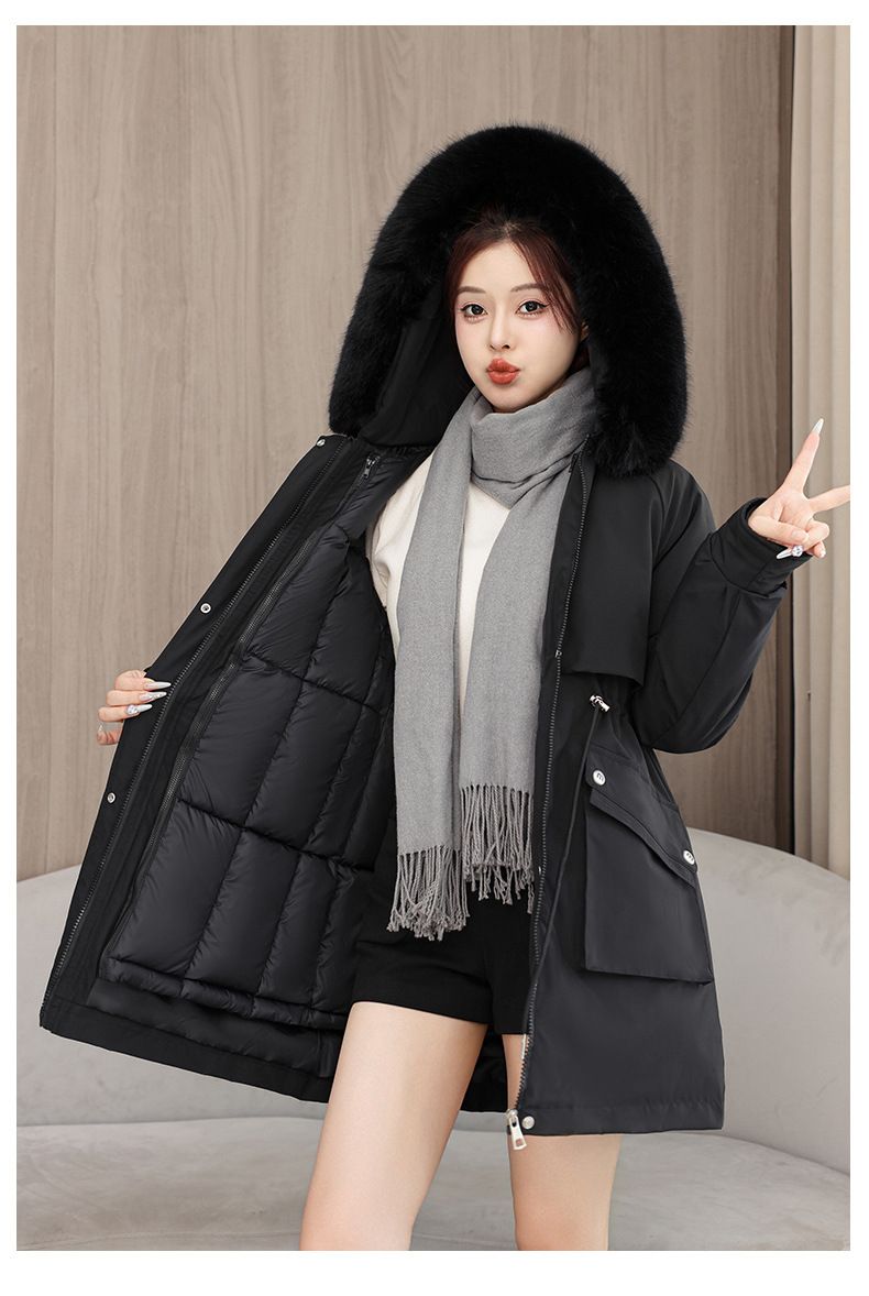 Women's Parka Coat With Detachable Faux Fur Hood, Mid-Length Winter Jacket For Ladies, Warm Quilted Polyester Outerwear With Rabbit Fur Trim_voghion.com