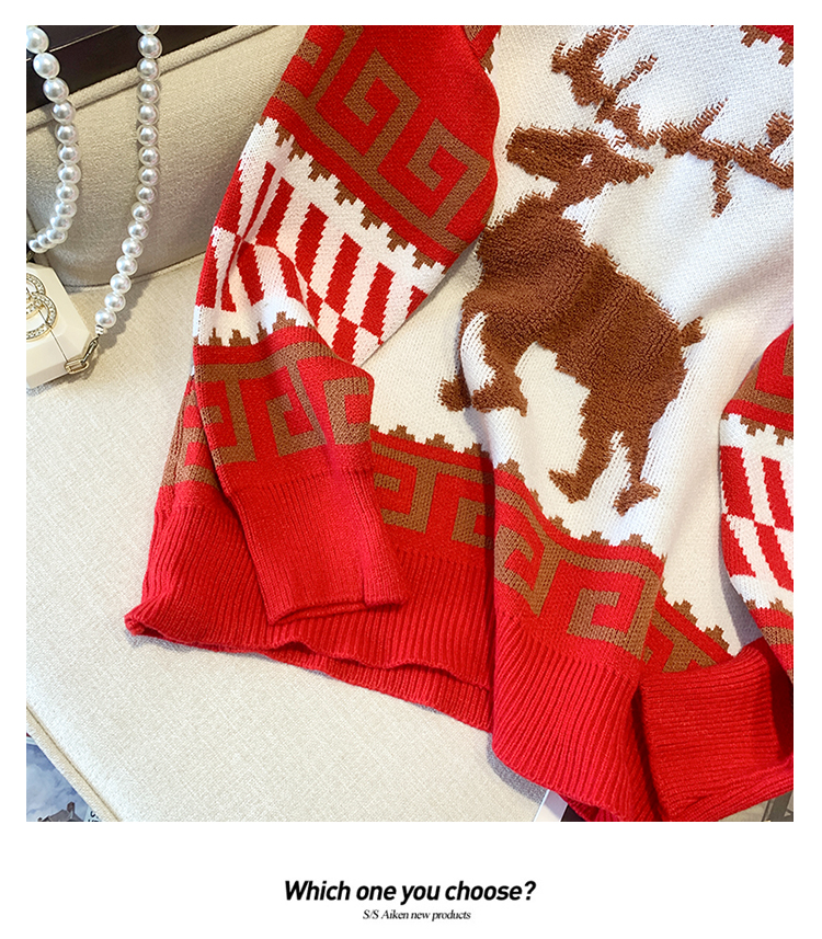 Petit cerf Jacquard rouge pull de noël femmes automne hiver nouveau tricot occidental ample et mince_voghion.com