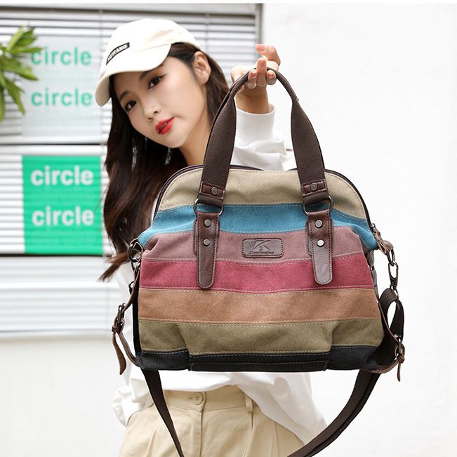 Canvas Contrast Color Women's Handbag Shoulder_voghion.com