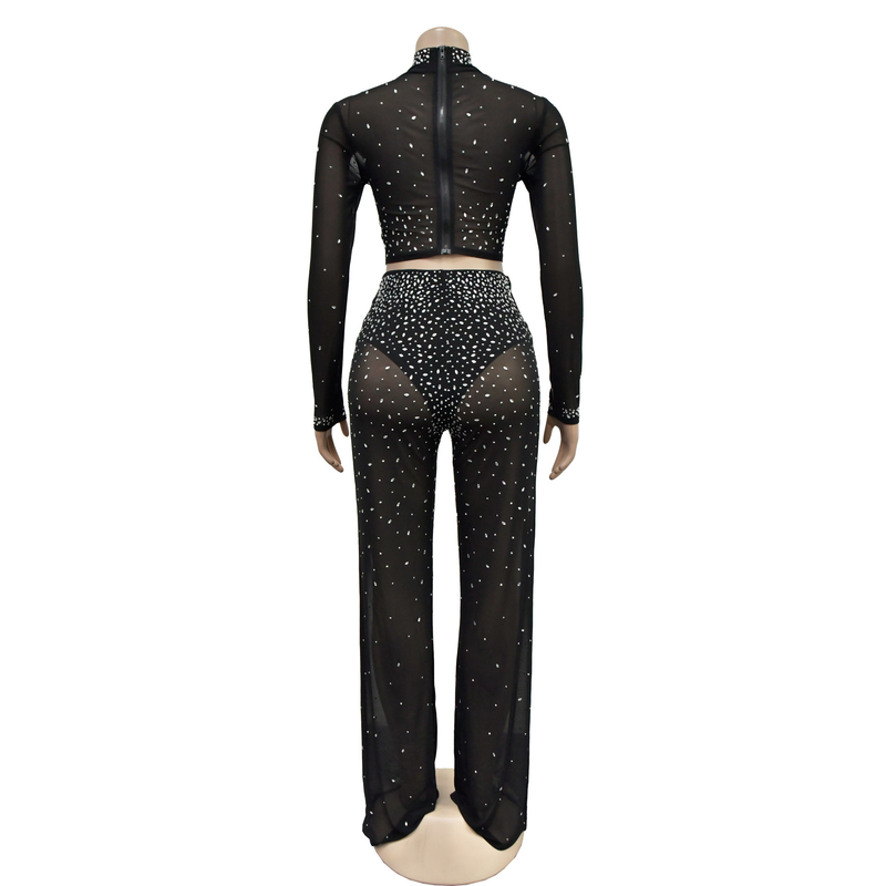 Conjunto de duas peças de calças de manga comprida de diamante quente de malha de cor sólida feminina_voghion.com