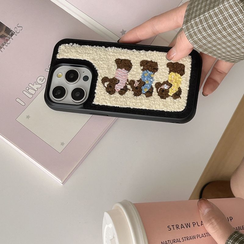 Plush Cartoon Dachshund Dog For 16 Max 15 Pro Embroidered Phone Case 13/14 Autumn Winter Towel Embroidery_voghion.com