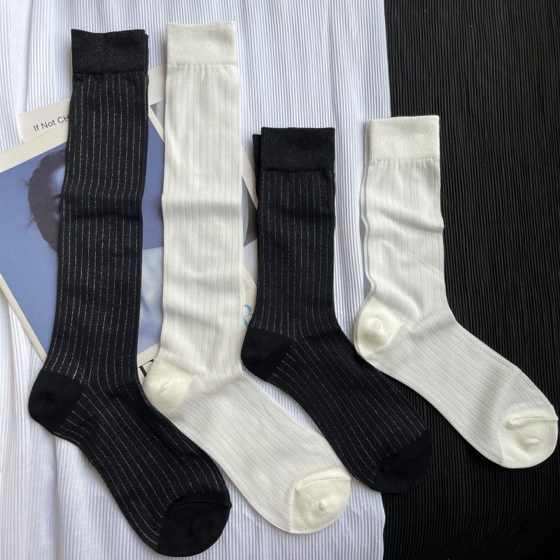 Ultra-thin Shiny Vertical Striped Summer Stockings Versatile Solid Color Long Tube JK Black And White Women's Socks_voghion.com