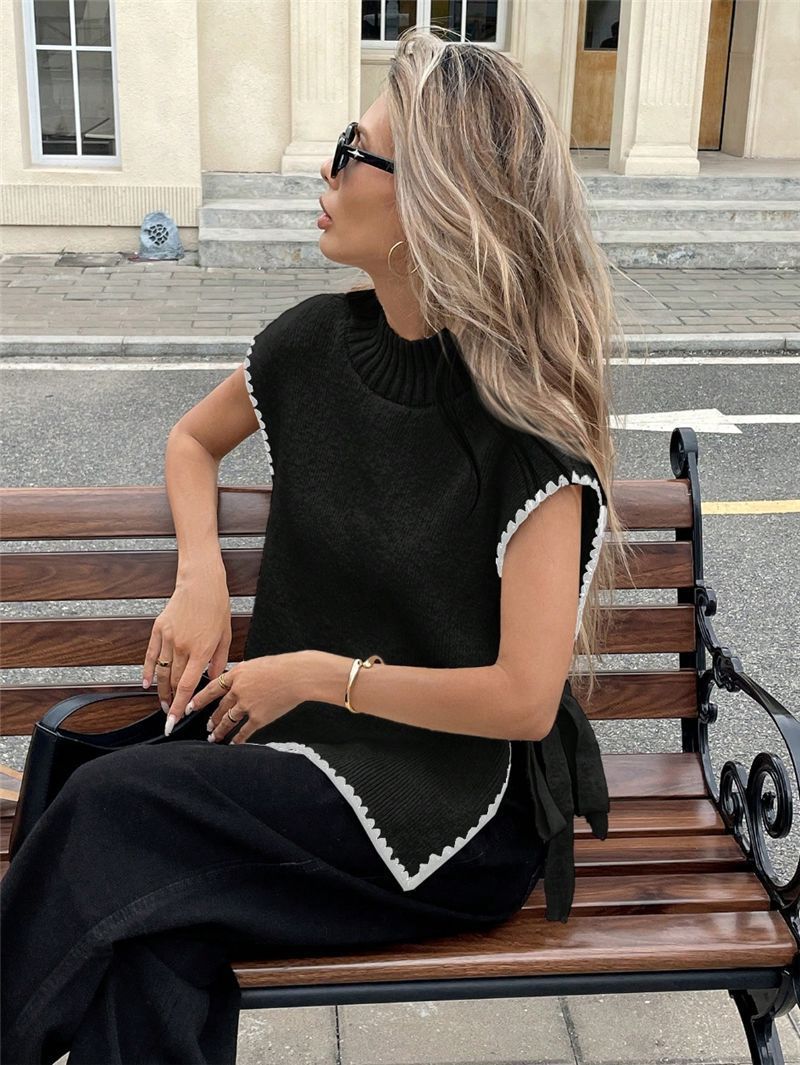 Dameskleding Dames Mouwloos Trui Vest Eenvoudig Ontwerp Contrasterende Kleur Strik Top_voghion.com