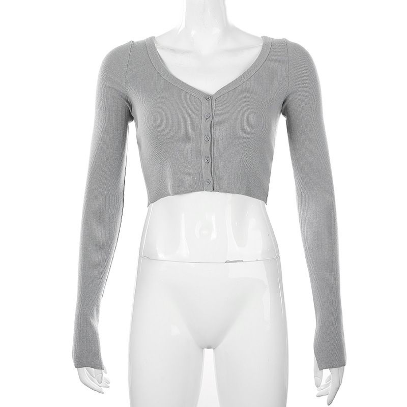 T-Shirt Sommer 2025 Damen Einfarbige V-Ausschnitt Enge Strickjacke Mit Freiliegendem Bauchnabel Kurze Jacke_voghion.com