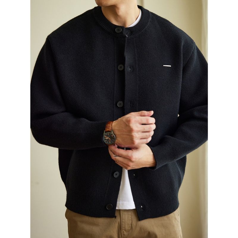 Herren-Strickjacke mit Baseballkragen – Übergroßer Freizeitpullover mit Zopfmuster (Schwarz, Grau, Khaki) – Streetwear-Essential für Herbst & Winter_voghion.com