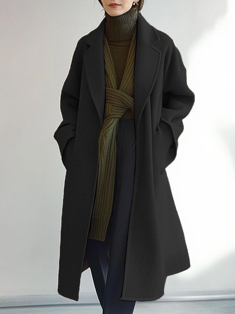 Damen-Trenchcoat, lang, Wollmischung, Gürtel, Wickelmantel, eleganter, locker geschnittener Mantel für Büro und Freizeit_voghion.com