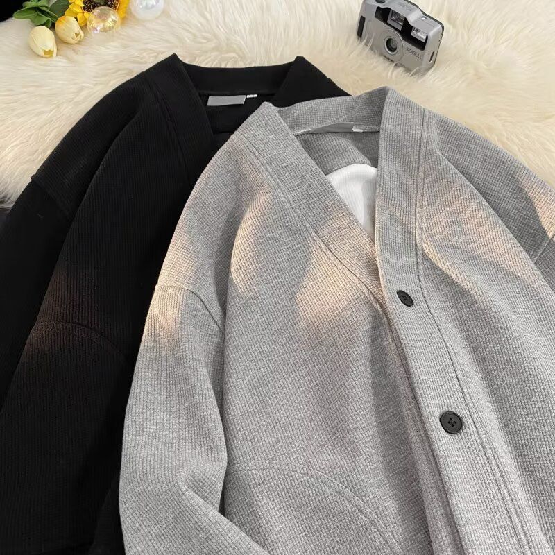Autumn Winter New American Style Knitted Sweater Men's Loose V-Neck Cardigan Sweatshirt Trendy Casual Jacket Men_voghion.com