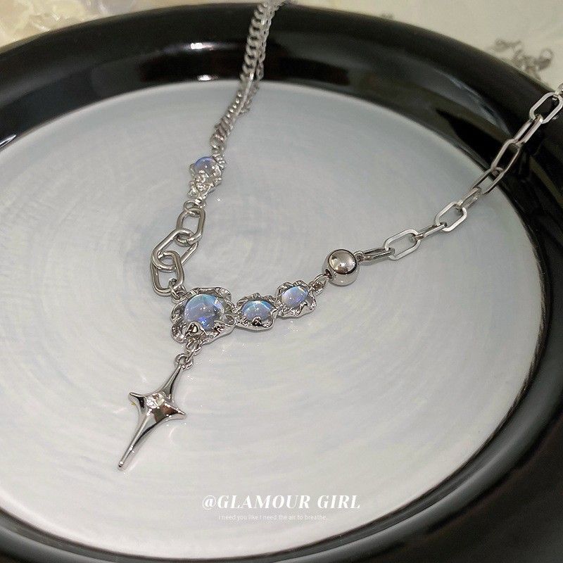 Kleine Nischen-Design unregelmäßige Mondstein Glasperle koreanische Ins Schlüsselbein Kette coole Stil Halskette für Frauen_voghion.com